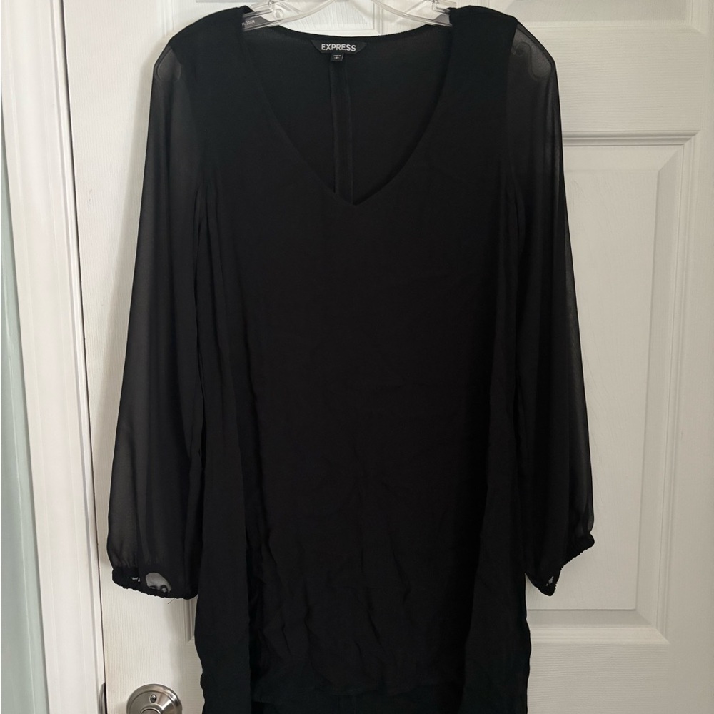 Express Women's Black V-Neck Dress with sheer sleeves